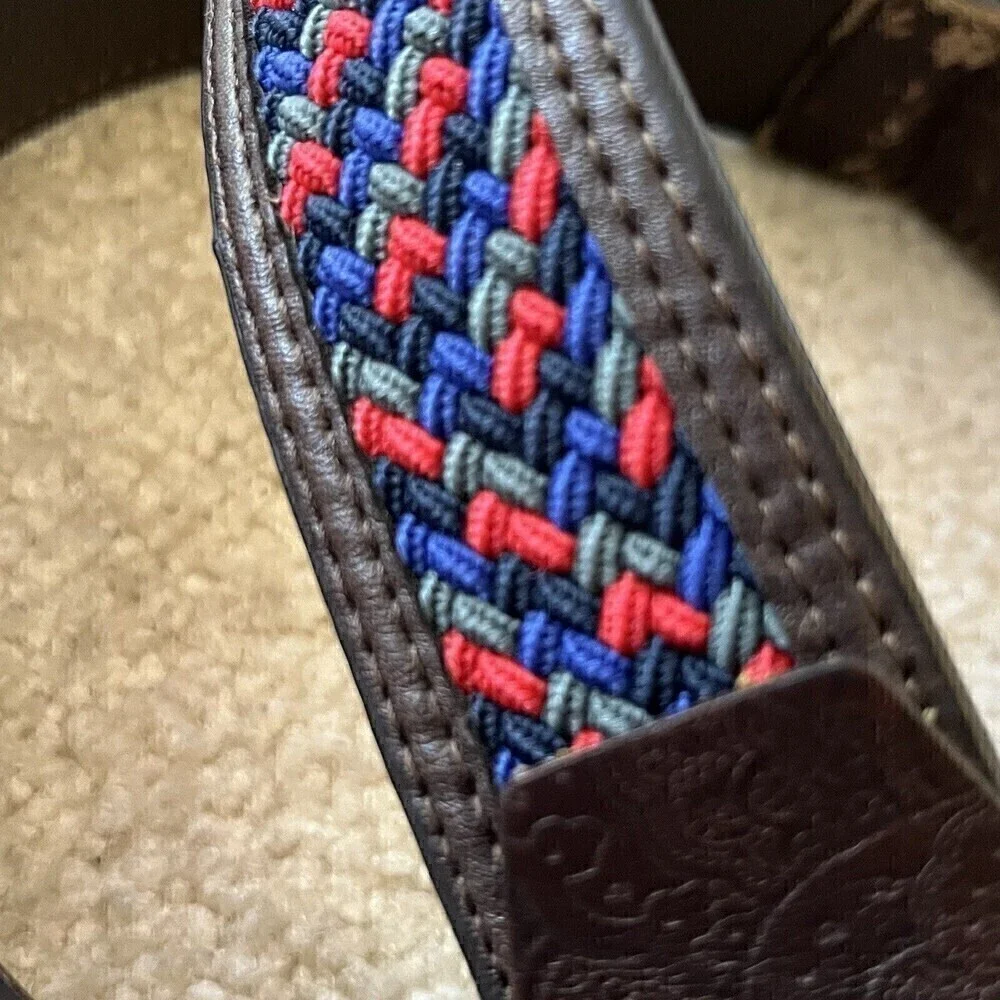 Robert Graham Men Belt 38 Braided Woven Red Blue Grey Tooled Brown Leather Golf